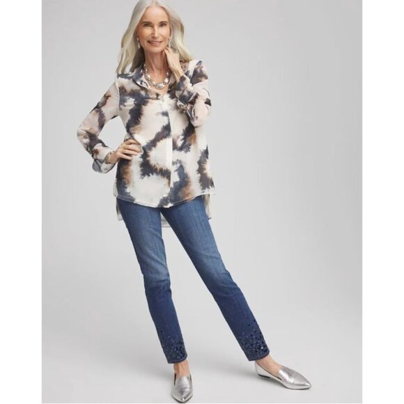 Chicos Womens 14 Tie dye High Low Tunic Top Button Up Blouse Shirt Long Sleeve - Picture 13 of 13